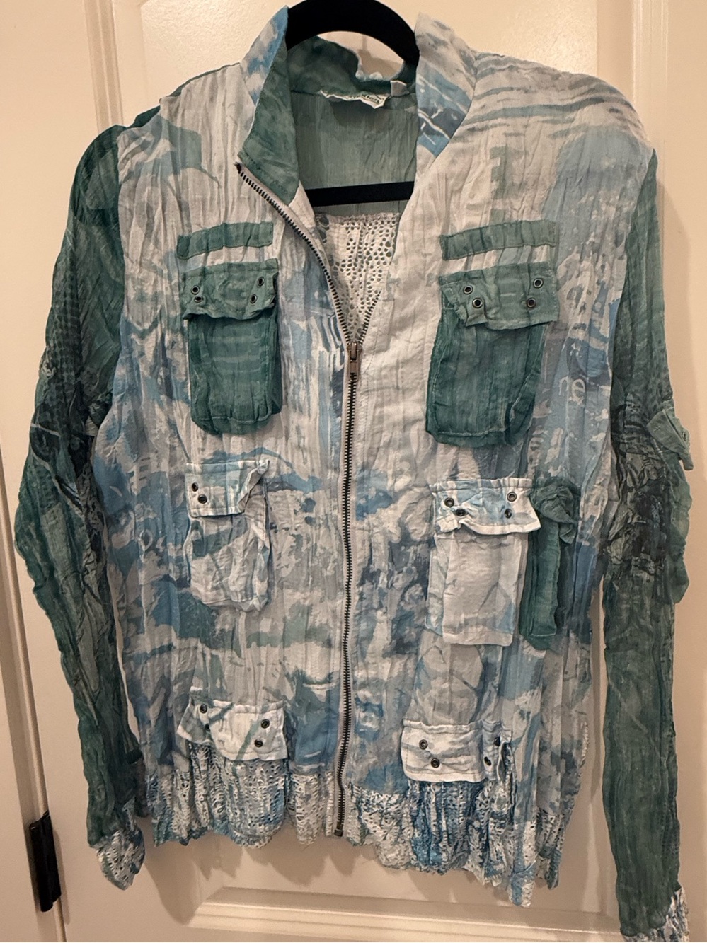 Patchington Blue and Green Crinkled Button-Down Jacket